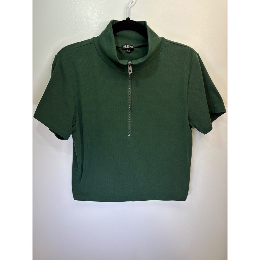 True Religion‎ Womens Ribbed Quarter Zip Mock Neck Green Short Sleeve Top